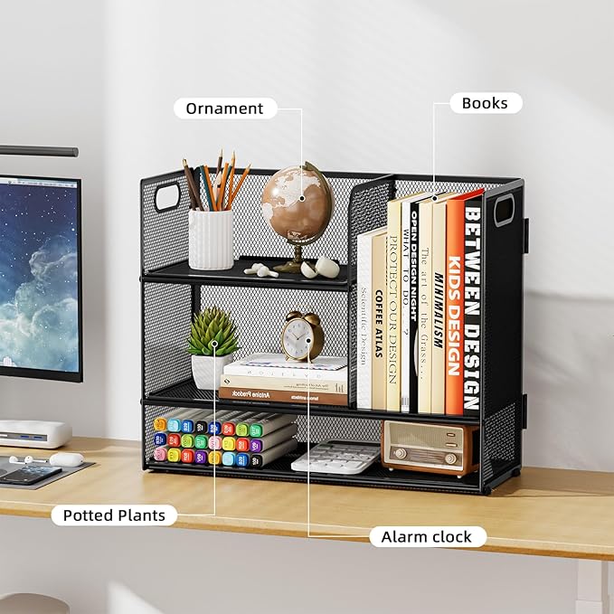 Marbrasse 2-Tier Desk Shelf Organizer with Handle, Desktop Bookshelf File Holder, Mesh Display Shelf Organizer Storage Rack for Office, Home, Supplies, Kitchen (Black)-DeskLoop Office