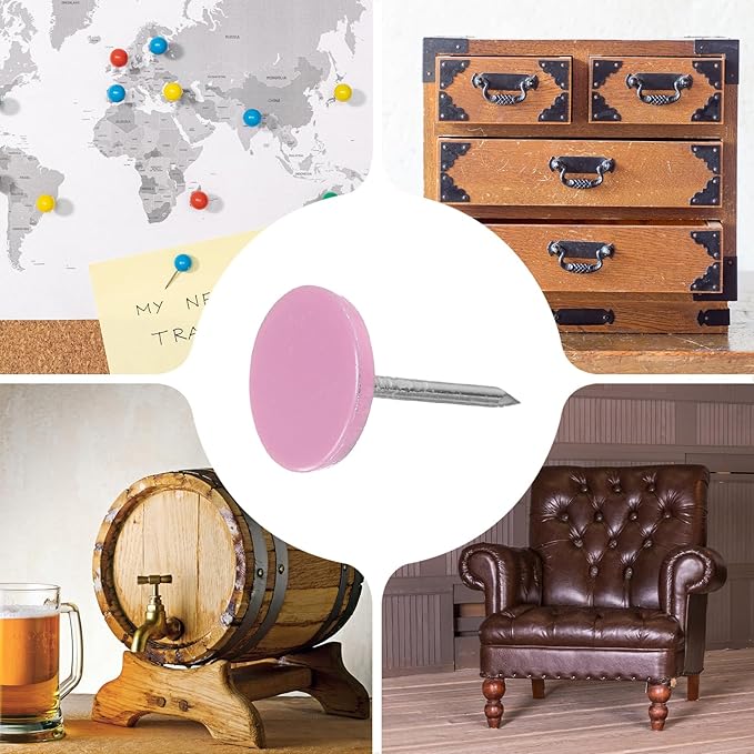 uxcell 150Pcs Upholstery Tacks, 11mmx17mm Flat Head Thumb Tack Decorative Furniture Nails Push Pins for Furniture Sofa Headboards, Pink-DeskLoop Office