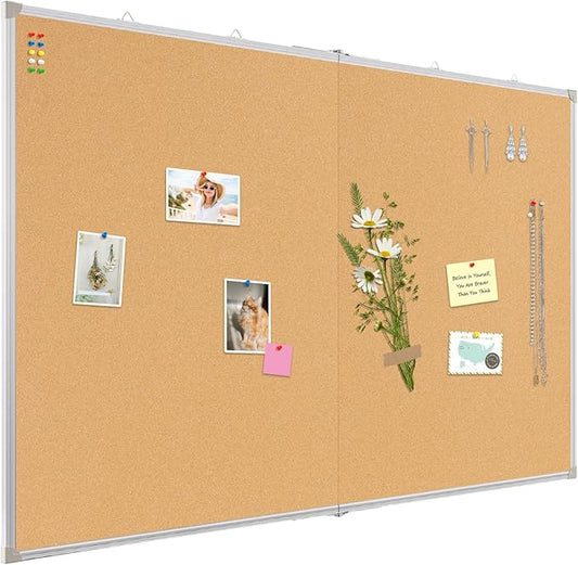 Double-Sided Large Cork Board, 60" x 36" Foldable Hanging Aluminum Framed Bulletin Board, Vision Board Pin Board Corkboards for Walls, Office, School Decor, 20 Pushpins-DeskLoop Office
