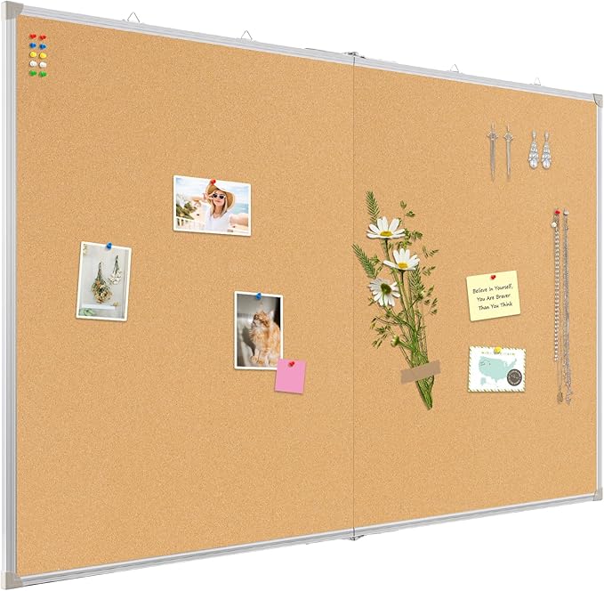 Double-Sided Large Cork Board, 60" x 40" Foldable Hanging Aluminum Framed Bulletin Board, Vision Board Pin Board Corkboards for Walls, Office, School Decor, 20 Pushpins-DeskLoop Office