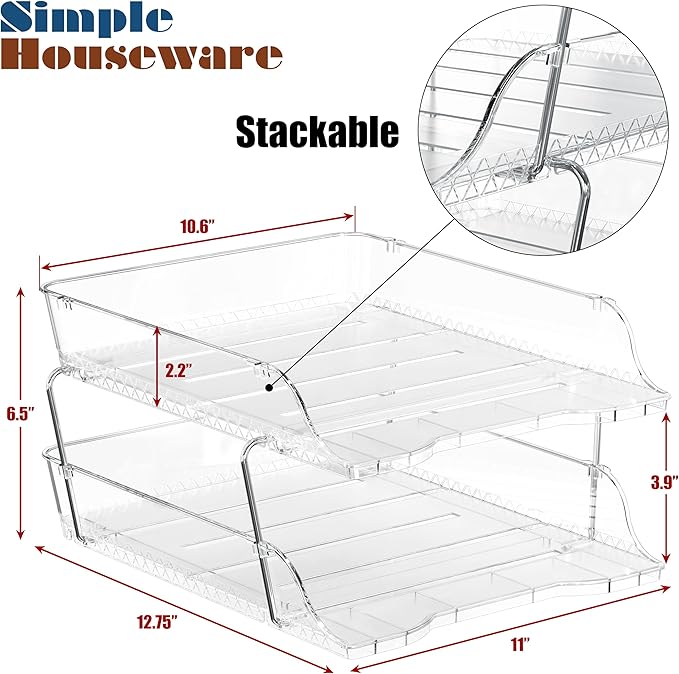 Simple Houseware 2-Tier Clear Stackable Letter Tray Organizer – Desktop File Holder for A4/Letter Size Paper, Document Sorter, Office Desk Paper Organizer, Transparent File Storage-DeskLoop Office