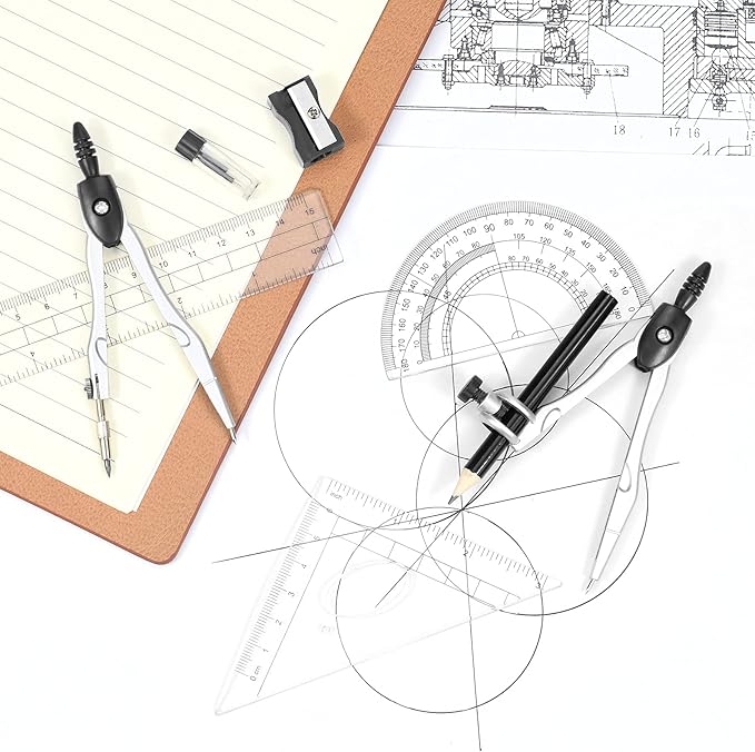 Math Geometry Kit Sets 10 Piece Student Supplies with Shatterproof Storage Box,Includes Rulers,Protractor,Compass,Eraser,Pencil Sharpener,Lead Refills,Pencil,for Drafting and Drawings(Black)
