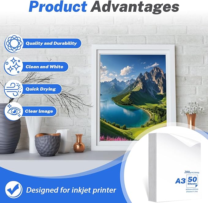 50 Sheets A3 Photo Paper Single Sided, 200 gsm White High Glossy Paper, Advanced Photographic Photo Printer Paper for Inkjet Printer Printing Picture Cover Brochures-DeskLoop Office
