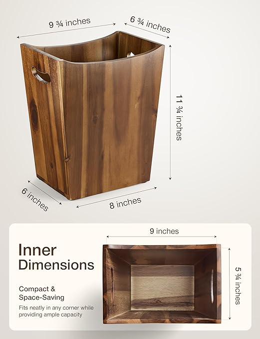 2 Gallons Rectangular Wastebaskets - Acacia Wood Waste Basket with Handles - Small Trash Can for Bathroom - Brown Garbage Bin for Spa Bathroom Decorative, Kitchen Counter, Living Room (Walnut)-DeskLoop Office