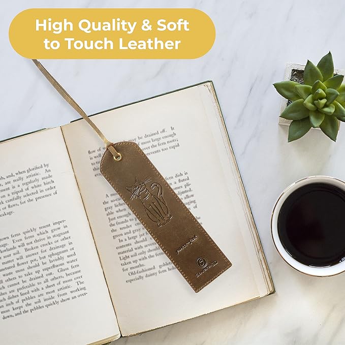 Leather Bookmarks for Men and Women | Quality Mens Bookmark with Cute Cat | 2 Smooth Handmade Leather Book Markers for Men Women Book Lovers Readers (7x2) Leather Gift | Sovereign-Gear