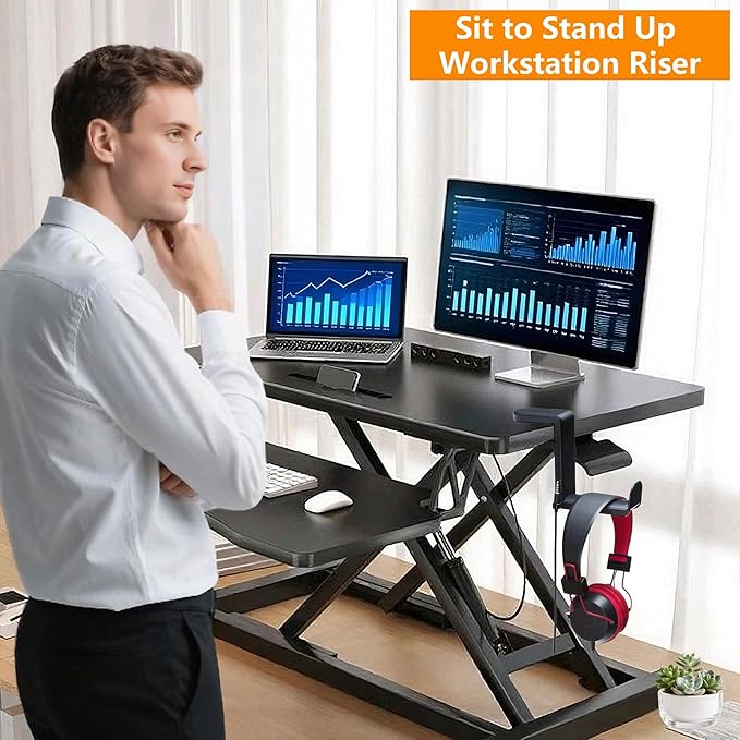 37-inch Standing Desk Converter,Height Adjustable Sit to Stand Up Workstation Riser, Dual Monitor and Laptop Riser with Wide Keyboard Tray, Headphone Stand,Cable Clips,for Home Office, Black-DeskLoop Office