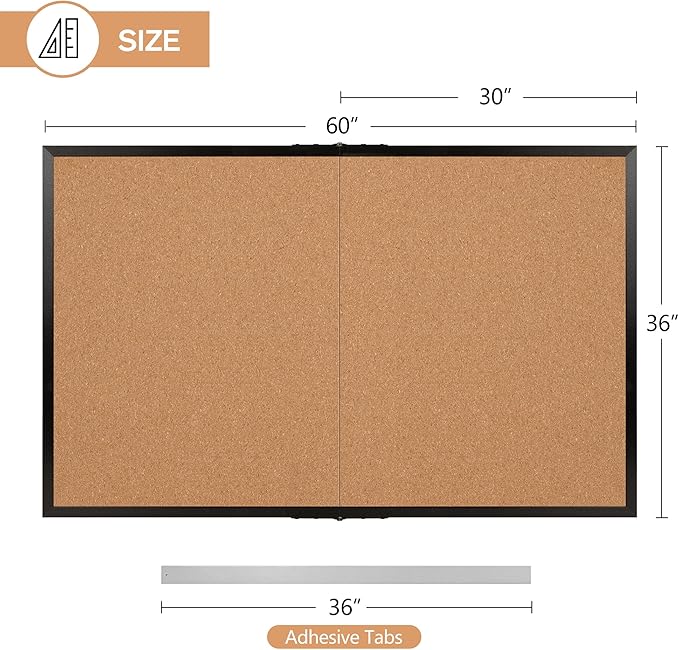 Board2by Extra Large Cork Bulletin Board 60" X 36", Foldable Notice Pin Board for Wall, Black Wood Framed 5'x3' Corkboard, Wall Mounted Noticeboard with 36 Push Pins for School, Home & Office-DeskLoop Office