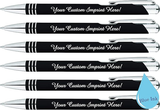 ExpressDesigns™ - Blue Ink Personalized Pens Rubberized - The Cameron - Custom Printed Name Pens - Imprinted with Logo or Message - Includes Personalization - 6 Pack (Black)-DeskLoop Office