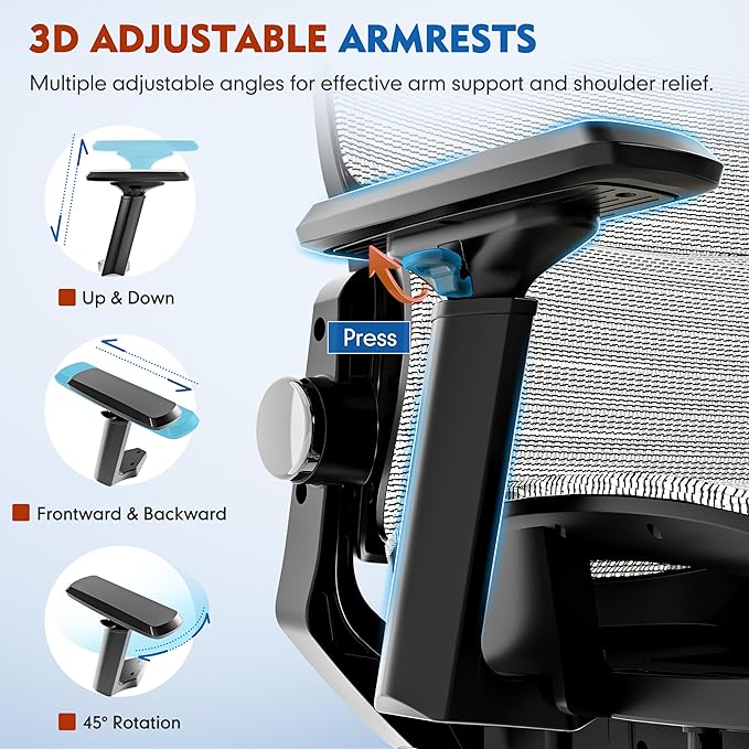 Ergonomic Office Chair, High Back Desk Chairs with Retractable Footrest, Breathable Mesh, Adjustable Headrest, 3D Armrests, Lumbar Support, Tilt Function, Comfy Swivel Computer Gaming Chair-DeskLoop Office