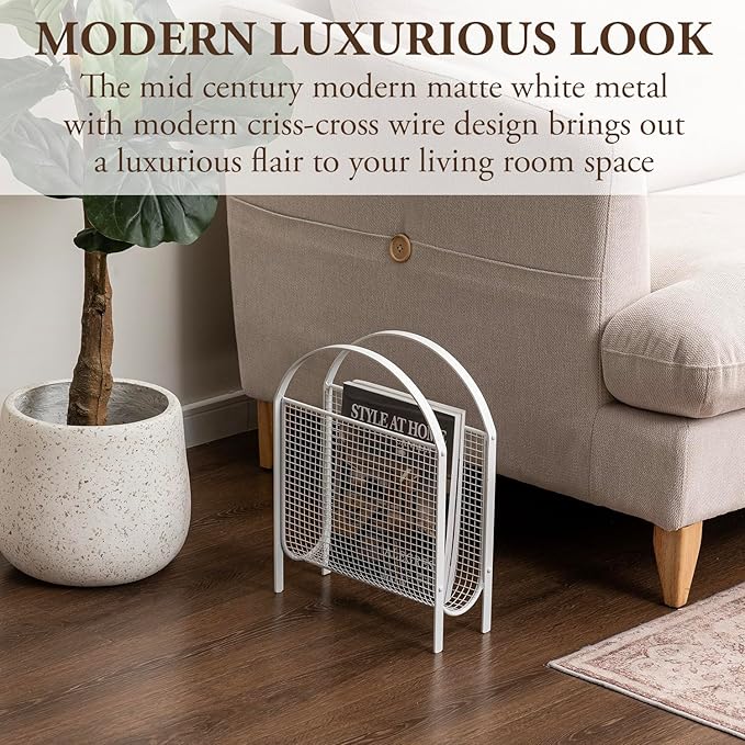 MyGift Mid-Century Design Magazine Rack, Matte Black Tone Metal Mesh Freestanding Magazine Organizer Holder Sling (White)-DeskLoop Office