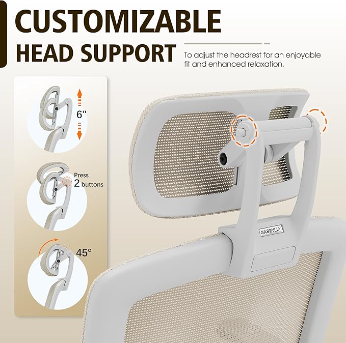 GABRYLLY Ergonomic Office Chair, High Back Home Desk Chair with Headrest, Flip-Up Arms, 90-120° Tilt Lock and Wide Cushion, 400LBS Mesh Chairs for Man Woman, White Task Chair(Beige,GY01WBG)-DeskLoop Office