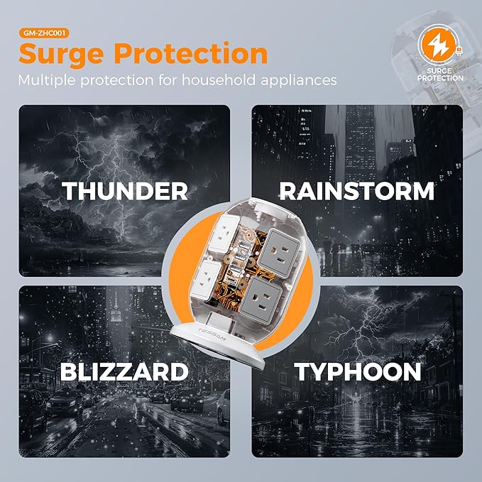 Tower Power Strip Surge Protector 10 Ft, TESSAN Flat Plug Extension Cord with Multiple Outlets, 8 AC Outlets, 4 USB Ports, 1 Built-in USB Cable, Desk Charging Station for Home Dorm Office-DeskLoop Office