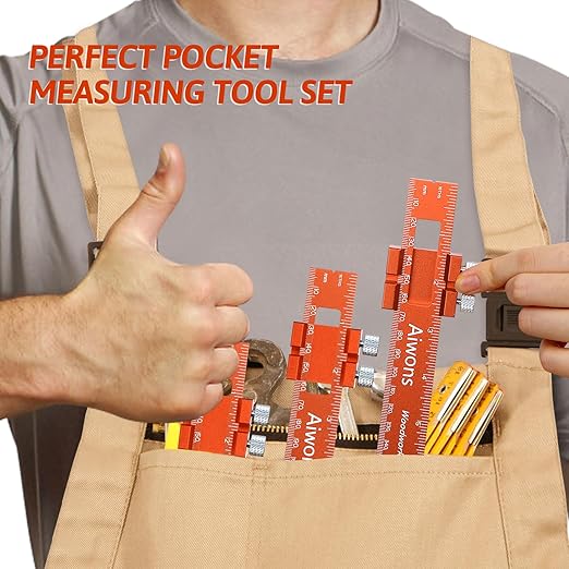 Woodworking Ruler Pocket Rule -12/8/6 Inch Precision Pocket Ruler with 45°& 30°Metal Slide Stop - Wood Marking Ruler Metric Inch Measuring Scribing Rulers - Aluminum Alloy Square Ruler-DeskLoop Office