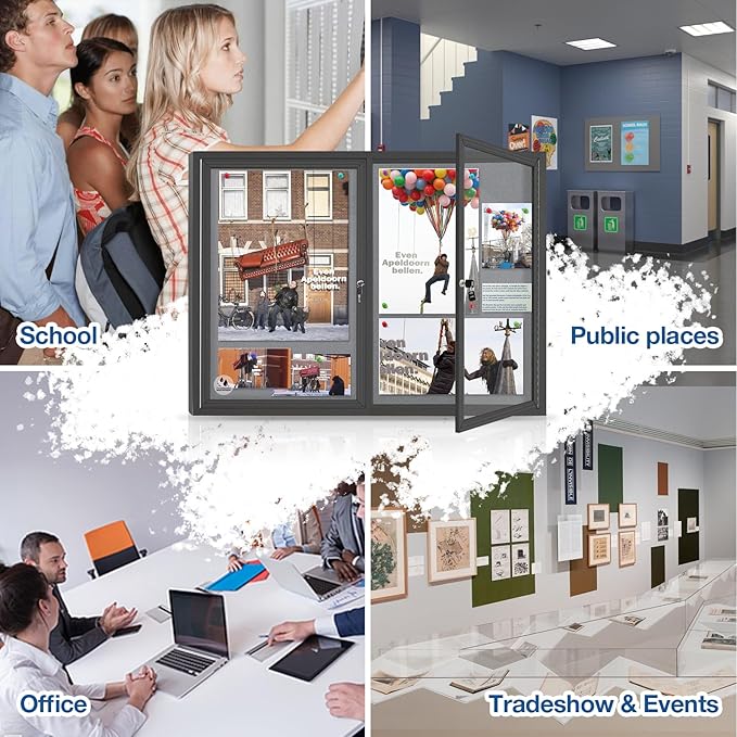 Enclosed Bulletin Board Lockable,Double-Door Weatherproof Outdoor Noticeboard with Locking Door, Wall-Mounted Aluminum Framed Presentation Board, 44x32 Inch (8xA4)-DeskLoop Office