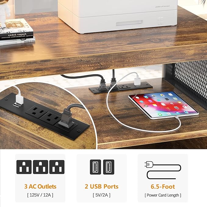 Unikito Lateral File Cabinet, Locking Office Filing Cabinets with Socket and USB Charging Port, Modern Rolling Printer Stand with Storage for A4, Letter Size and File Folders, Rustic Brown-DeskLoop Office