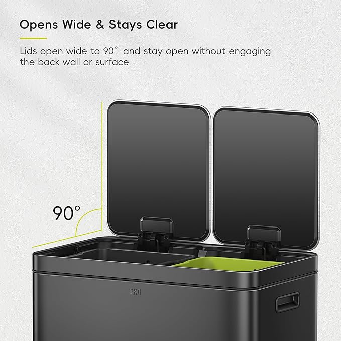 EKO Edison 8+8 Gallon Dual Trash Can for Recycling and Trash, Stainless Steel Kitchen Step Can with Dual Removable Inner Bucket, Independent Lids and Pedals, Black-DeskLoop Office