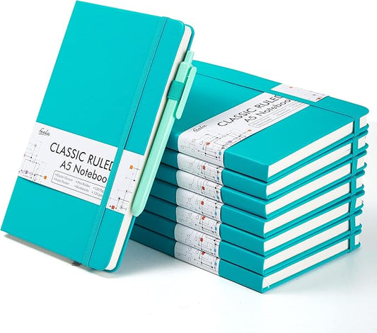 feela 8 Pack Notebooks Journals Bulk, Hardcover Notebook Classic Ruled Lined Journals with Pen Holder for Women Girls School Business Supplies, with 8 Black Pens, 120 GSM, 5.1”x8.3”, A5, Emerald-DeskLoop Office
