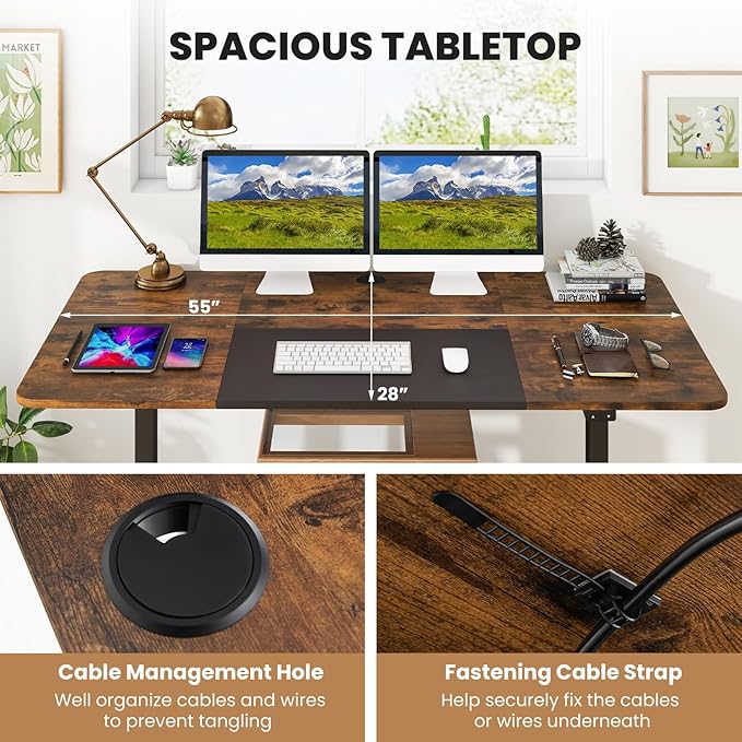 GOFLAME Height Adjustable Electric Standing Desk, 55 x 28 Inch Sit Stand Up Electric Desk with Metal Frame, Ergonomic Standing Workstation for Study, Office, Living Room, Brown-DeskLoop Office