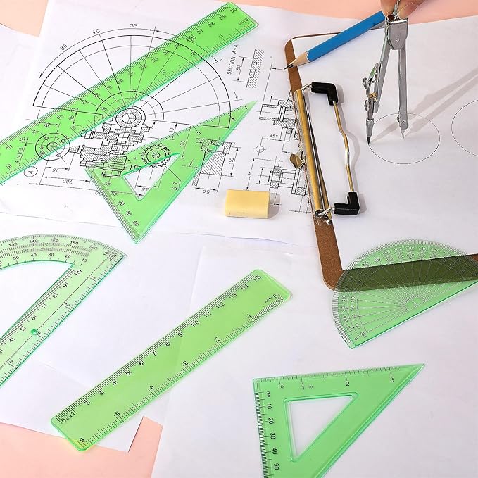Zonon 1 Set Plastic Geometry Math Set Includes Drawing Compass, 6 Inch 4 Inch Protractor, 45/60 Degree Triangle Rulers 12 Inch 6 Inch Math Ruler Transparent for Office Supplies(Green)-DeskLoop Office