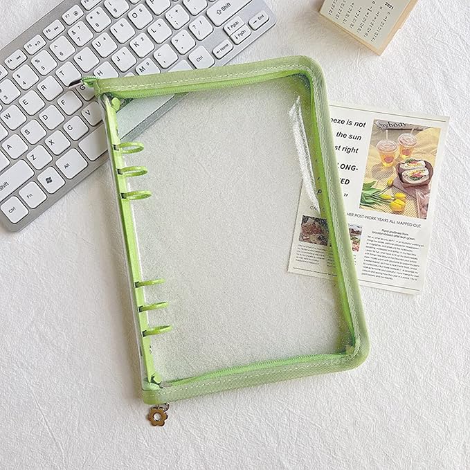 Multibey A5 Binder Cover Clear Soft PVC 6-Ring Binder Budget Evelopes System with Zipper Planner Organizer Refillable Notebook Journal Binder (Grass Green, A5)