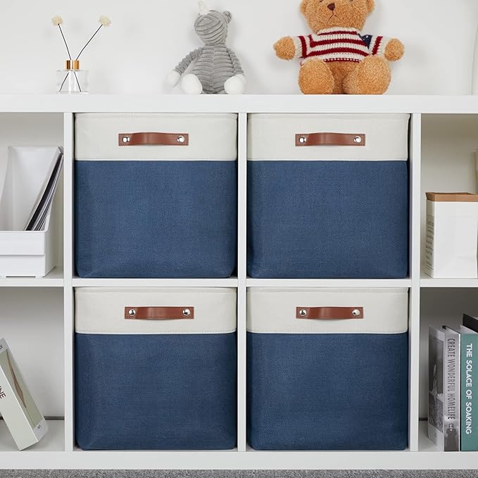 DULLEMELO Storage Baskets for Shelves Closet Storage,Large Home Organization Bins for Gifts Empty,Foldable Fabric Storage Cubes Baskets for Nursery Toy Towels Clothes Storage(White&Blue)-DeskLoop Office