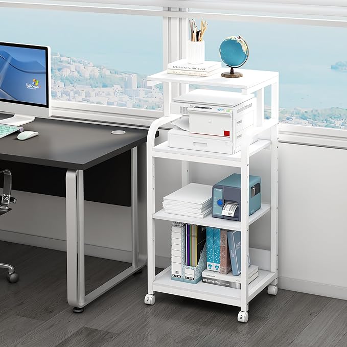 4 Tier White Printer Stand Table with Adjustable Shelves, Movable Printer Shredder Stand with Wheels for Home Office Storage and Organization, Rolling Cart for Computer Tower CPU-DeskLoop Office