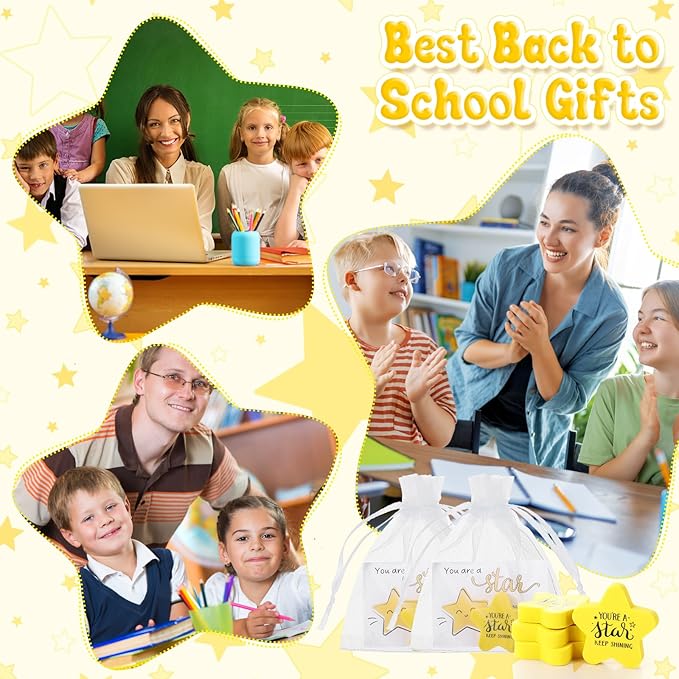 Spakon 50 Pcs Inspirational Star Erasers for Kids Bulk Cute Back to School Erasers 1.57" Fun Eraser for Classroom Prize You're A Star Yellow Motivational Gift for School Student Rewards-DeskLoop Office