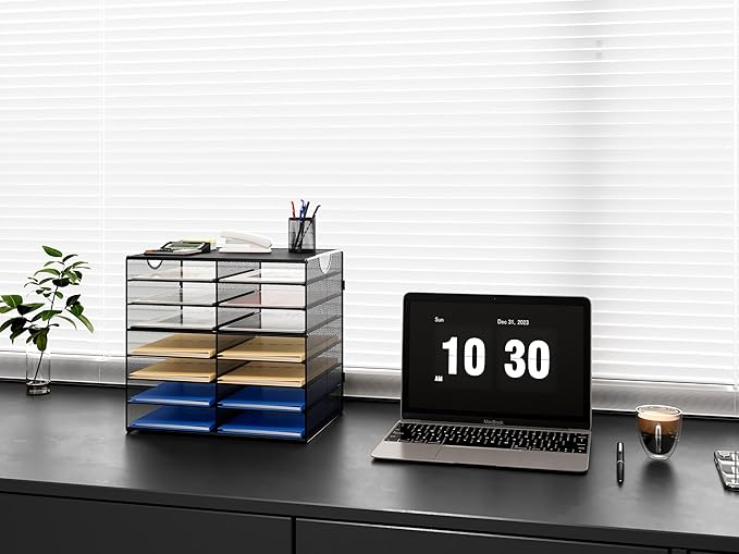 EasyPAG 14-Slot Mesh Desk File Organizer with Handle, Metal Frame Paper Tray for Classroom/Office/Home - Easy Assembly, Durable Tiered Sorter & A4/Letter Size, Black-DeskLoop Office