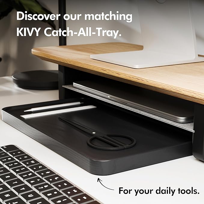 KIVY Dual Monitor Riser with Integrated Metal Shelf - Wooden desk shelf for top of desk - Wood monitor stand for desk 2 monitors / tv - Dual monitor stand riser for desk - Large walnut monitor stand-DeskLoop Office