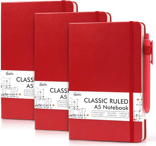 feela 3 Pack Notebooks Journals Bulk with 3 Black Pens, A5 Hardcover Notebook Classic Ruled Lined Journal Set with Pen Holder for Work Business Journaling Note Taking, 120 GSM, 5.1”x8.3”, Red-DeskLoop Office