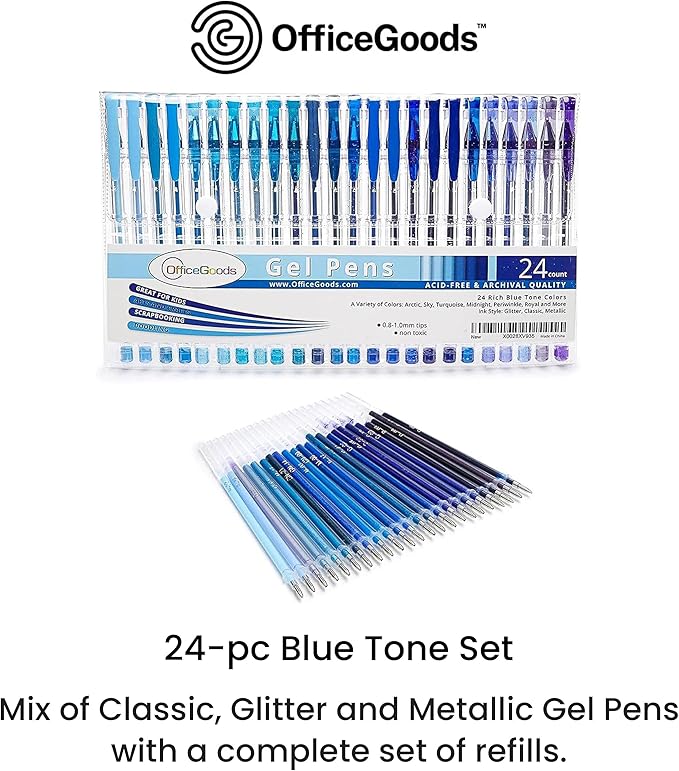OfficeGoods Blue Gel Pens with Refills – Colored Adults Coloring Art – Medium 0.8-1.0mm Tips – Non-Toxic Gel Pens Set – Quick Dry Smudge-Free 24 Pack Colors-DeskLoop Office