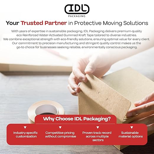 IDL Packaging 2.83" x 450 feet Reinforced Water-Activated Kraft Gummed Tape 30lb Thickness (Pack of 4) - Secure Paper Packing Tape for Secure Carton Sealing - Heavy-Duty for All Conditions, Brown