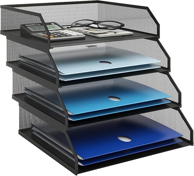 Natwind 4-Tier Stackable Paper Tray, Metal Mesh Desktop Organizer, A4 Desk Organizer, Stackable Letter Trays,File Folder Sorter Organizer with Sliding Tray for Home, Office, School (Black)-DeskLoop Office