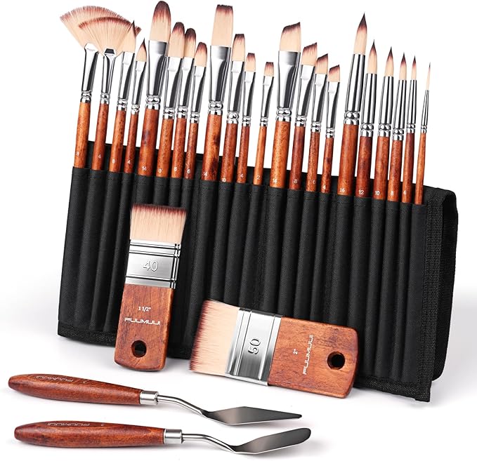 26pcs Paint Brush Set, Fuumuui Professional Acrylic Paint Brushes Complete Range of Sizes with Upgraded Short Handle Wide Flat Paintbrush for Acrylic, Oil, Watercolor and Gouache-DeskLoop Office