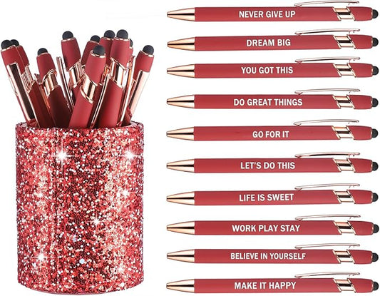 10 Pcs Ballpoint Pens with Pen Holder,Fine Point Smooth Writing Pens,Kawaii Pens For Writing Journaling Taking Notes School Office Home. (Red 10Pcs)-DeskLoop Office