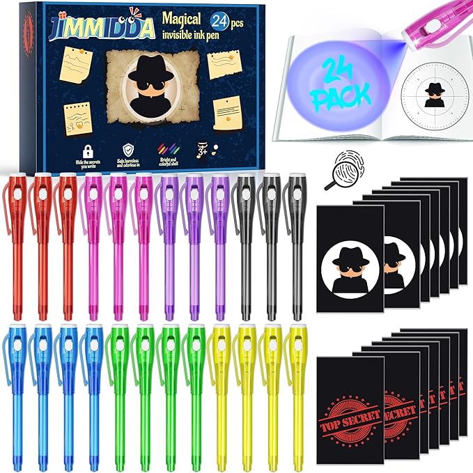 Invisible Ink Pen Spy Game for Kids, Party Favors Toys for Girls Boys, Magic Markers for Boys Girls Fun Outdoor Toys, Birthday for 6-13 Year Old Girls Boys (24PCS+Black Notebooks)-DeskLoop Office