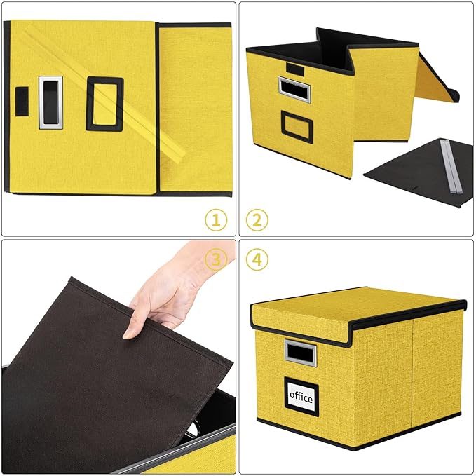 Huolewa Collapsible File Storage Organizer Box with Lid, Linen Document Storage Organization, Universal Hanging Filing Box for Letter/Legal Folder, Decorative Office/Home File Bins - yellow, box only-DeskLoop Office