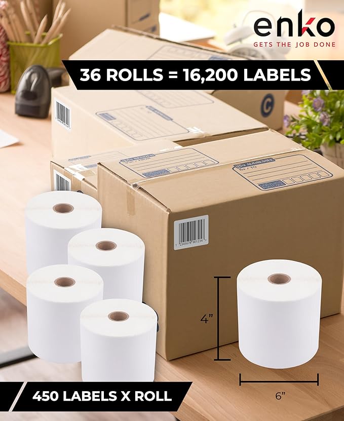 enKo (36 Rolls, 16,200 Labels) 4 x 6 Direct Thermal Address & Shipping Labels Compatible for Zebra 2844 ZP-450 ZP-500 ZP-505, Rollo, Eltron, Neatoscan-DeskLoop Office