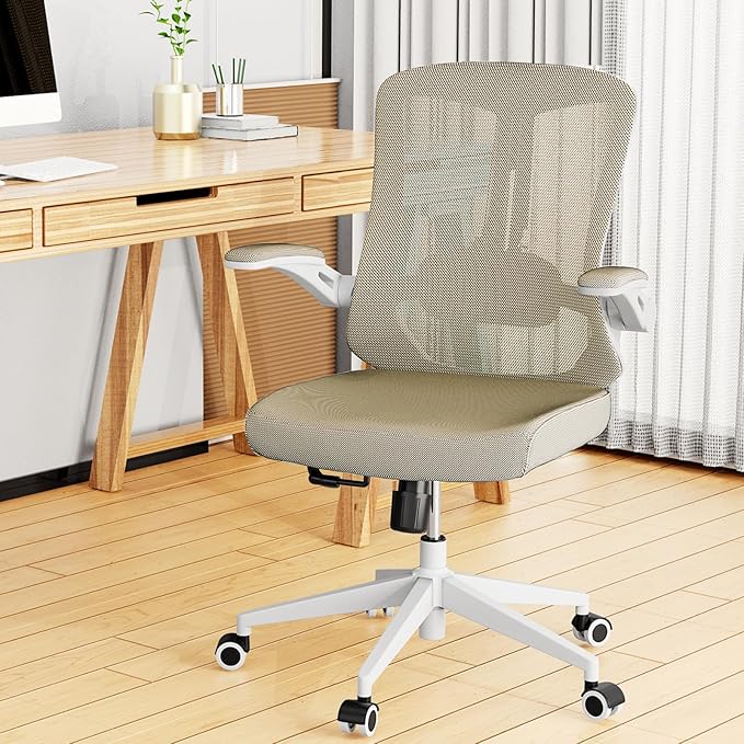 Mesh Office Computer Desk Managerial Executive Chair, Ergonomic High Back Comfy Swivel Gaming Home Chairs with Wheels, Comfortable Lumbar Support, Comfy Arms for Study,Home,Bedroom(Khaki)-DeskLoop Office