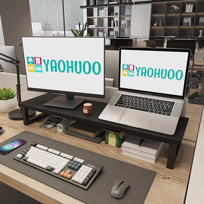 Dual Monitor Stand Riser, 39Inch Large Monitor Stands for 2 Monitors, Computer Monitor Stand, Wooden Desktop Oraganizer Shelf for Office Desk Computer,Laptop,TV-DeskLoop Office