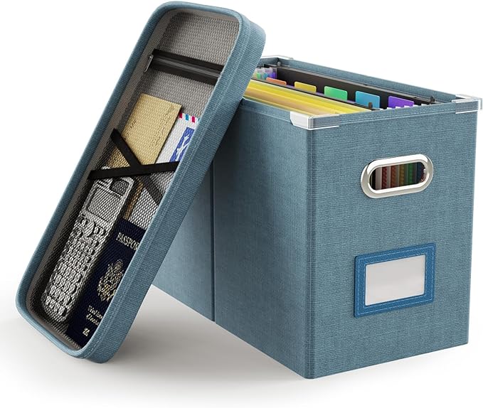 Oterri File Organizer Box with Lid, Hanging Filing File Box with Mesh Pocket, Document Organizer Box for Letter Files, Portable Storage Box with Smooth Sliding Rail for Office&Home (1 PCS, Dark-blue)-DeskLoop Office