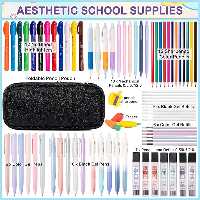 Professional 78PCS Drafting & Writing Kit For Boys Kids, Students School Supplies, 12 Highlighters, 16 Pens, 10 Mechanical Pencils 0.5 0.7 2.0mm, Includes 452 Lead & Gel Refills, Black Pencils Case-DeskLoop Office