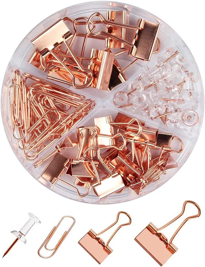 Paper Clips and Binder Clips Set, Metal Assorted Sized Binders with Push Pins, Cute Office Supplies for Desk, Desk Accessories, Rosegold-DeskLoop Office