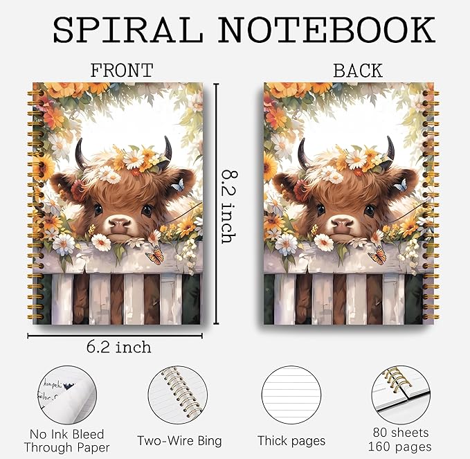 Floral Highland Cow Notebook - Western Cow Notebook, Highland Cow Office Supplies, Highland Cow Gifts, Cow Lover Gifts, Cute Cow Stuff, Cute Daisy Flower Highland Cow Spiral Notebook 5.5x8.3-DeskLoop Office