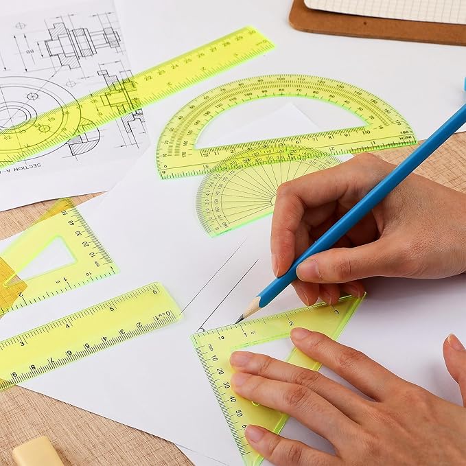 Zonon 1 Set Plastic Geometry Math Set Includes Drawing Compass, 6 Inch 4 Inch Protractor, 45/60 Degree Triangle Rulers 12 Inch 6 Inch Math Ruler Transparent for Office Supplies(Yellow)-DeskLoop Office