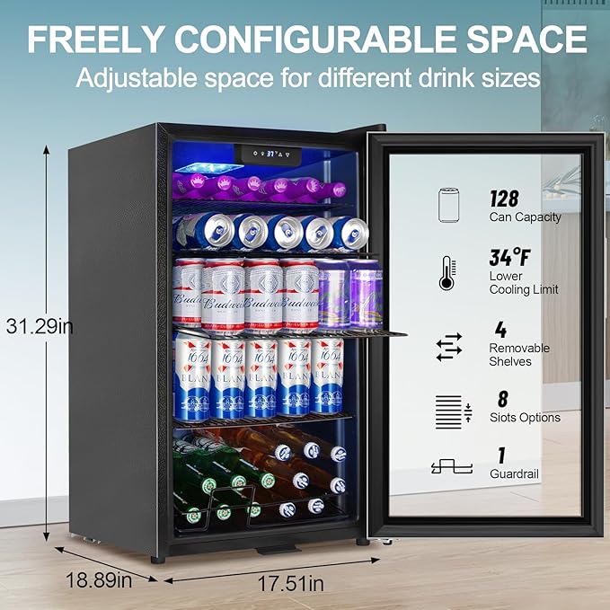 Beverage Refrigerator Cooler, 128 Cans Mini Fridge Glass Door for Drink Beer Soda Wine, 3.2 Cu.Ft Small Fridge for Kitchen Bedroom Office Bar, with 4 Adjustable Removable Shelves, Stainless Steel-DeskLoop Office