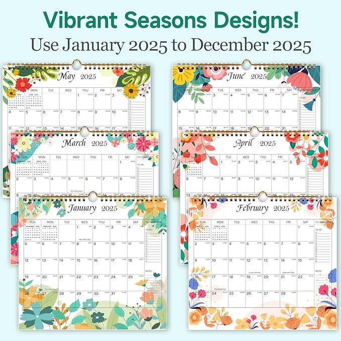 Lbylyhxc 2025 Calendar - from January to December 2025, 12 Monthly Wall Calendar 2025, 10 x 11.2 Inches.Thick Paper with Julian Dates and Block for New Year and Christmas Presents (Flowers)