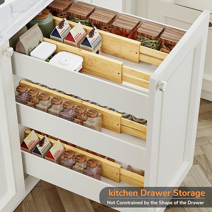 BAMEOS 3" H Bamboo Drawer Dividers - Adjustable Expandable Drawer Organizer - Kitchen, Bathroom, Bedroom & Office, 4-pack-DeskLoop Office