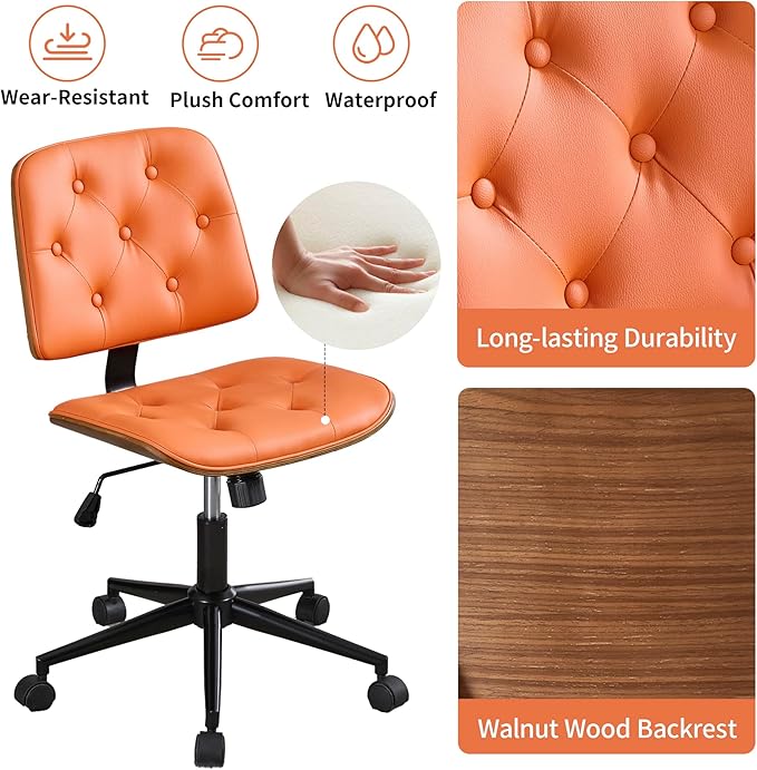 Small Armless Desk Chair – PU Leather Mid-Back Ergonomic Office Chair with Adjustable Height, Swivel Wheels, Walnut Frame, Ideal for Small Office, Study, or Bedroom, Orange-DeskLoop Office