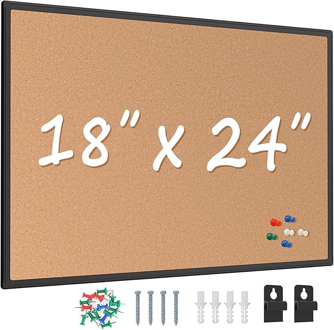 Board2by Cork Board Bulletin Board 24 x 18, Black Aluminium Framed Corkboard, Office Board for Wall Cork, Large Wall Mounted Notice Pin Board with 16 Push Pins for School, Home & Office-DeskLoop Office